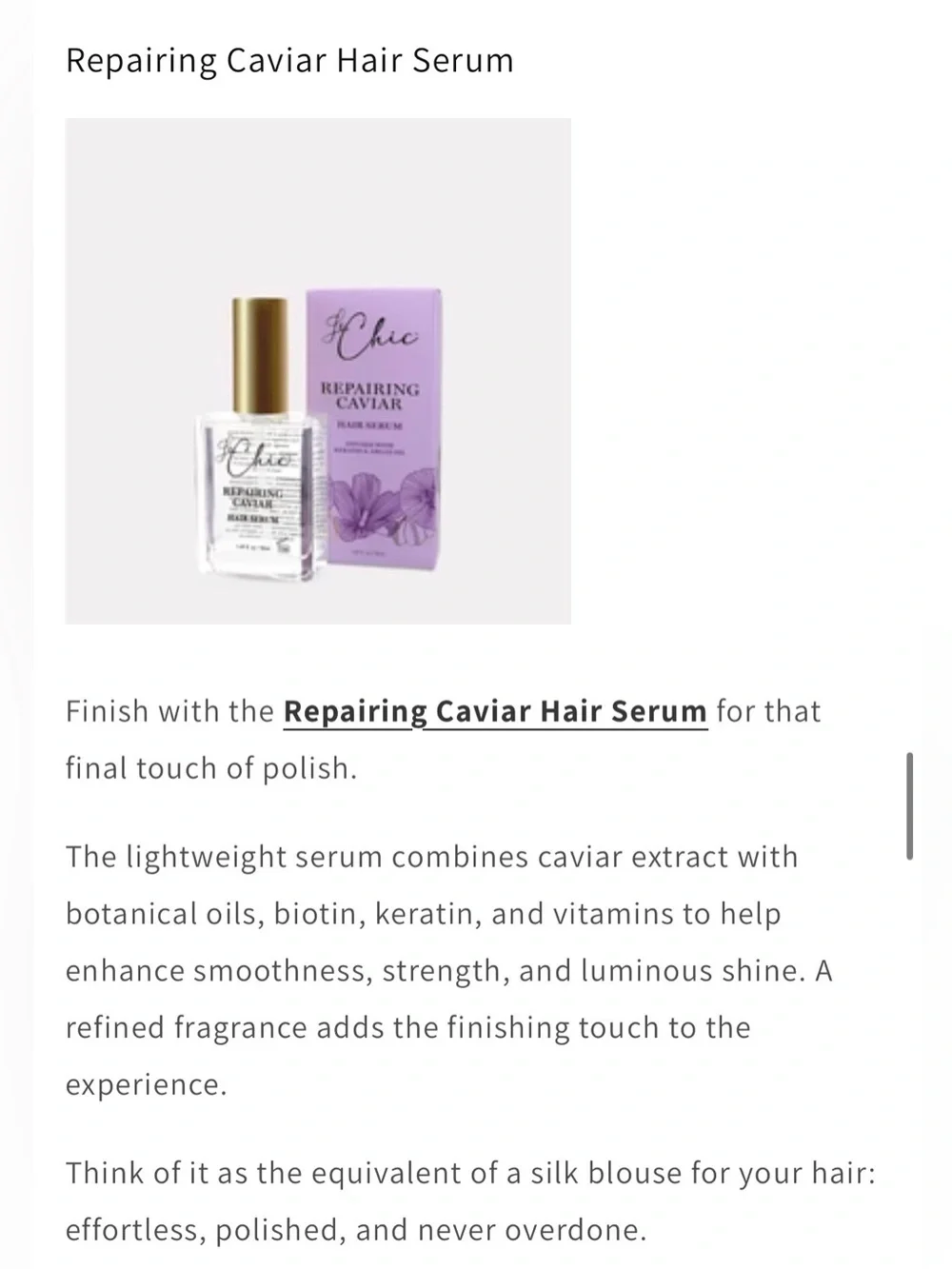 LE’ CHIC Repairing Caviar Hair Serum infused with caviar extract, keratin